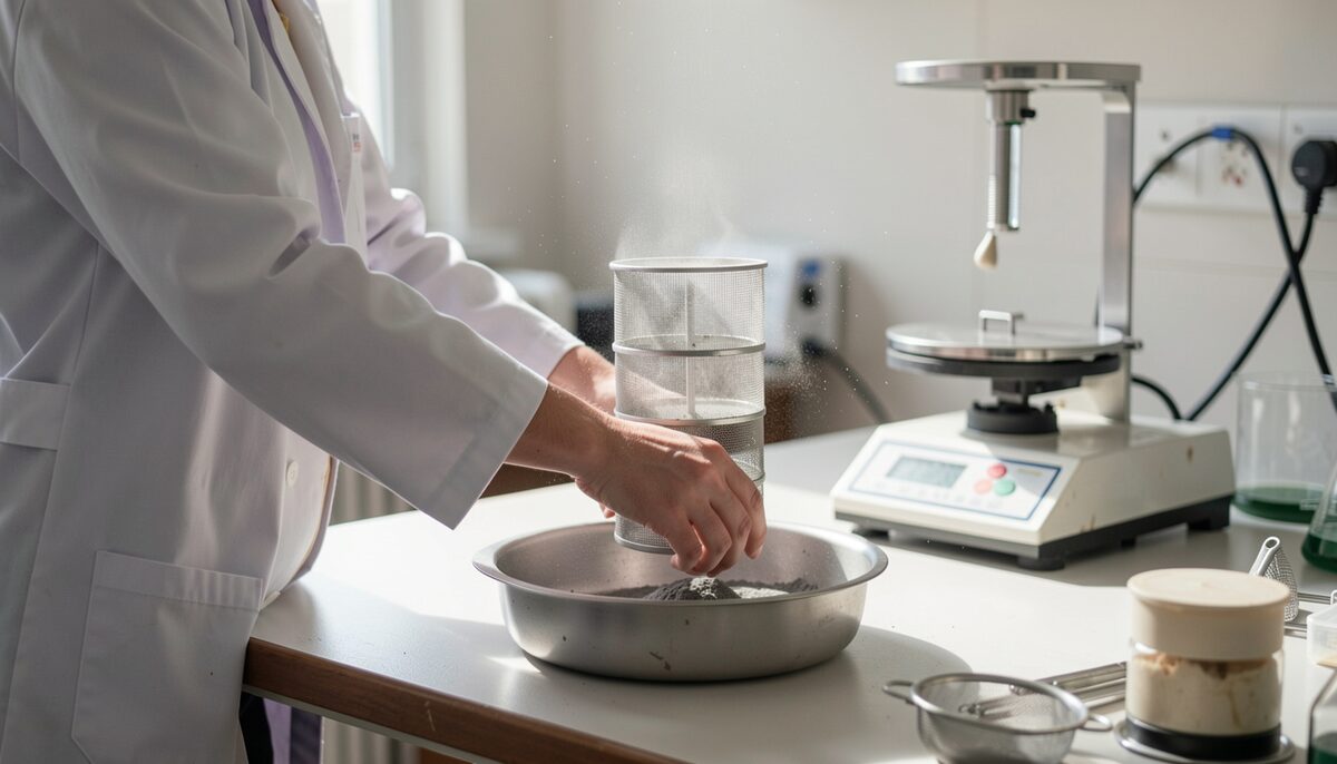 Laboratory air permeability fineness test apparatus and a 45 micron sieve beside a cement sample jar
