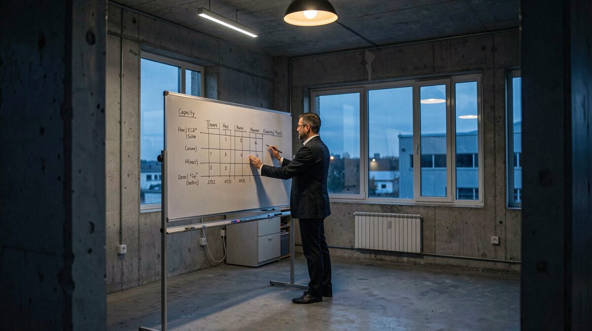 A concrete factory office at dusk, a manager standing at a whiteboard marked with a simple capacity chart, cold blue window light mixing with warm overhead lamps, wide shot from the doorway.
