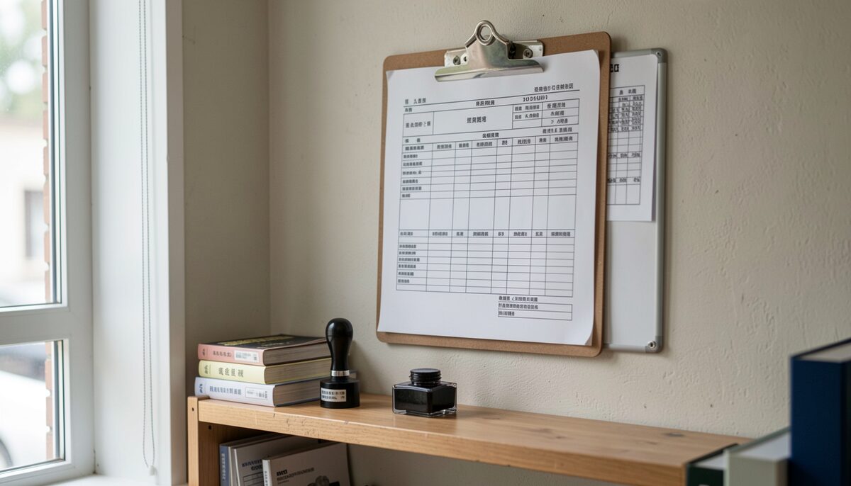 Cement mill test certificate document on a clipboard beside sample bags and a cube mould at a plant laboratory