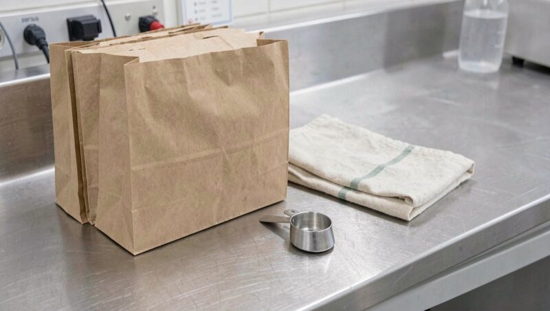 Plain unmarked kraft paper sacks stacked on a stainless laboratory bench beside a small metal scoop and a folded cloth, diffused lab light