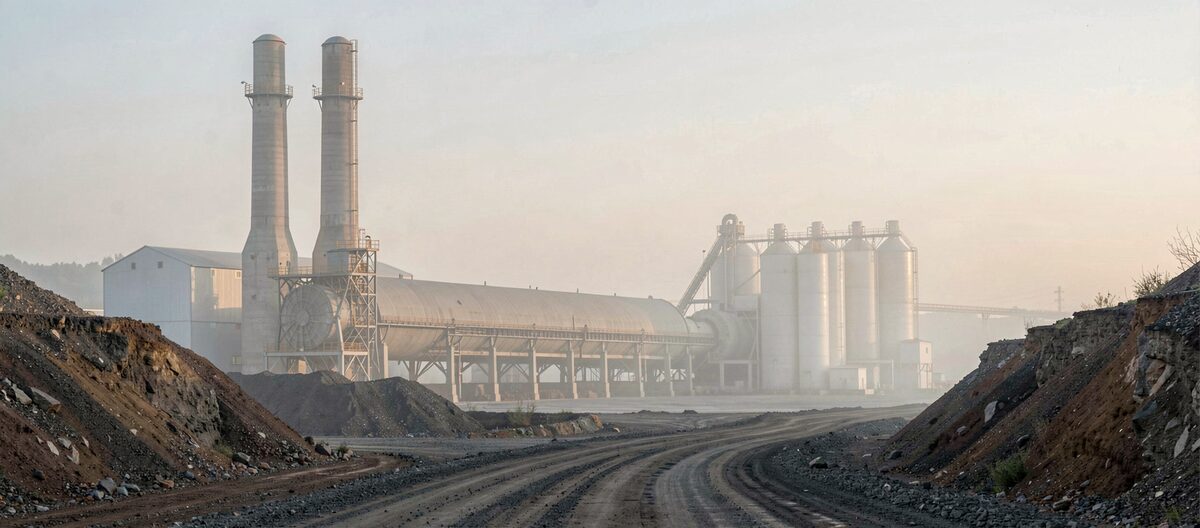 A cement works seen from the quarry road at first light, its preheater tower, long rotary kiln and row of silos standing in the haze