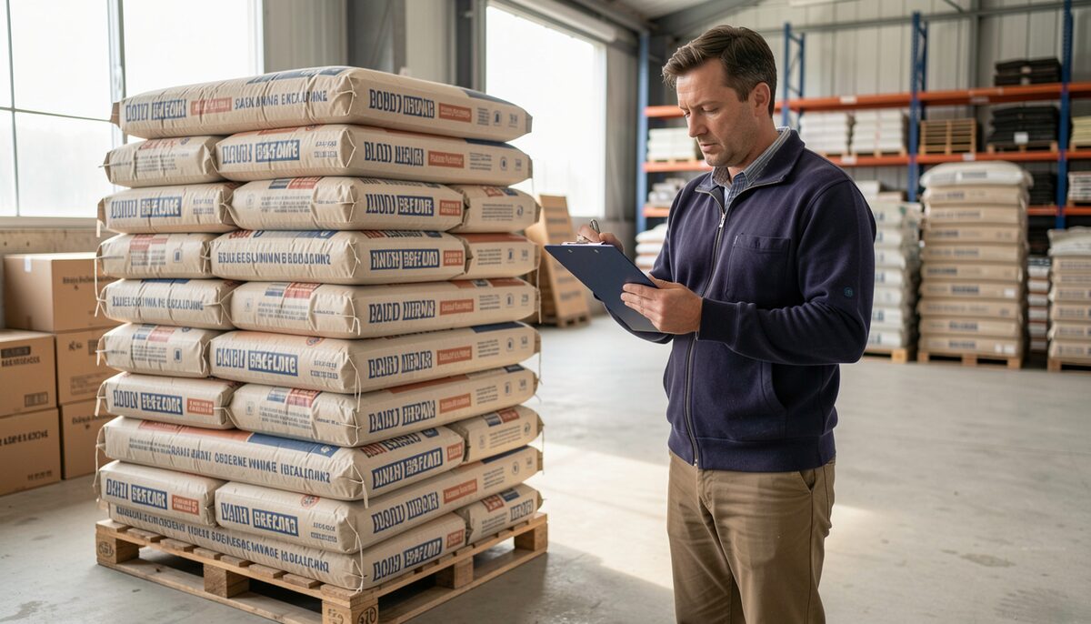Pallet of bagged blended cement in a hardware warehouse with printed type designations on the bags
