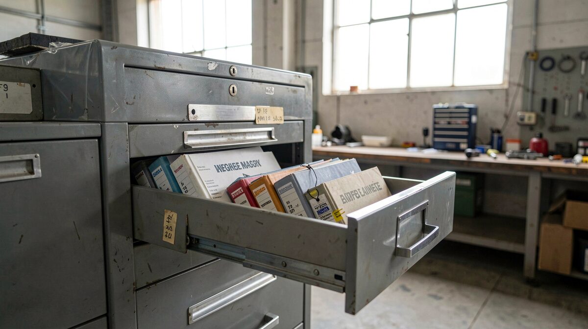 A steel filing cabinet in a plant workshop, one drawer open showing tagged engine manual binders, morning light through a high window.