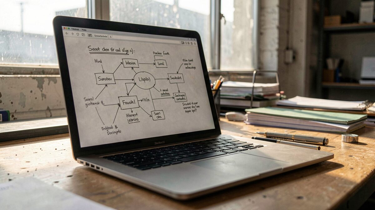 A laptop on a workbench in an industrial office, open to a hand-drawn system diagram, late afternoon light through a dusty window, close framing on the diagram and keyboard.