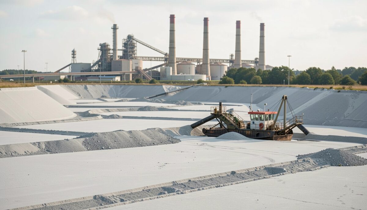 Fly ash being drawn from a silo into a closed tanker beneath a power station dust collection plant
