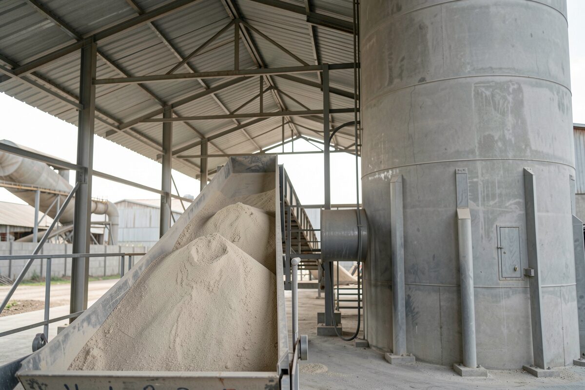 The collection hoppers under the precipitator, and the dry powder that comes off them.