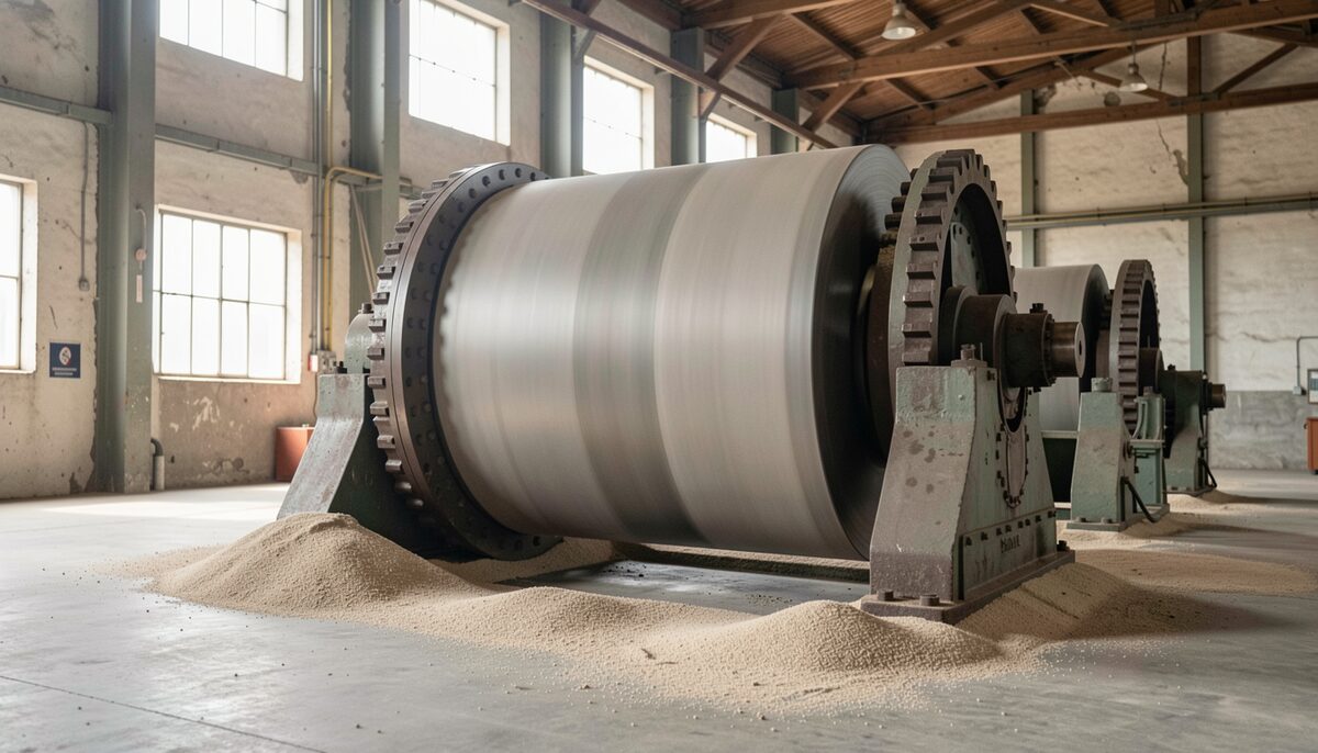 Long steel ball mill shell on its trunnions inside a cement plant grinding hall, couplings and gearbox exposed
