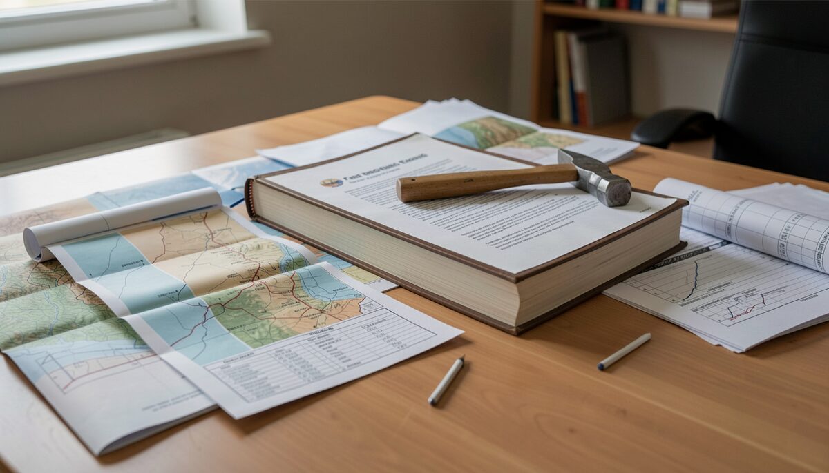 Folded feasibility reports, a geological map and a pocket calculator spread on a site office table