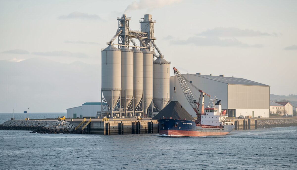 Slag grinding station at a port with raw granulated slag stockpile, conveyor and ship in the background
