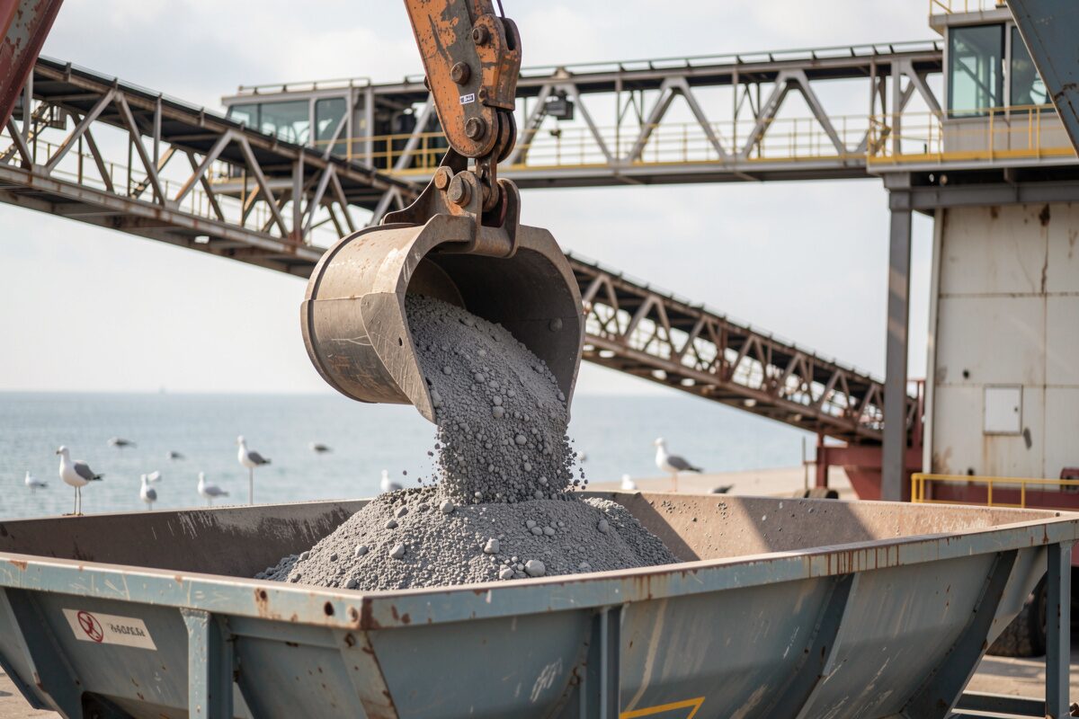 Granulated slag in the stockpile, glassy sand that was liquid at the furnace a week before.