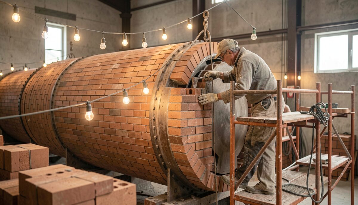 Workers installing magnesia refractory bricks inside a stopped cement kiln with a bricking rig and lamps