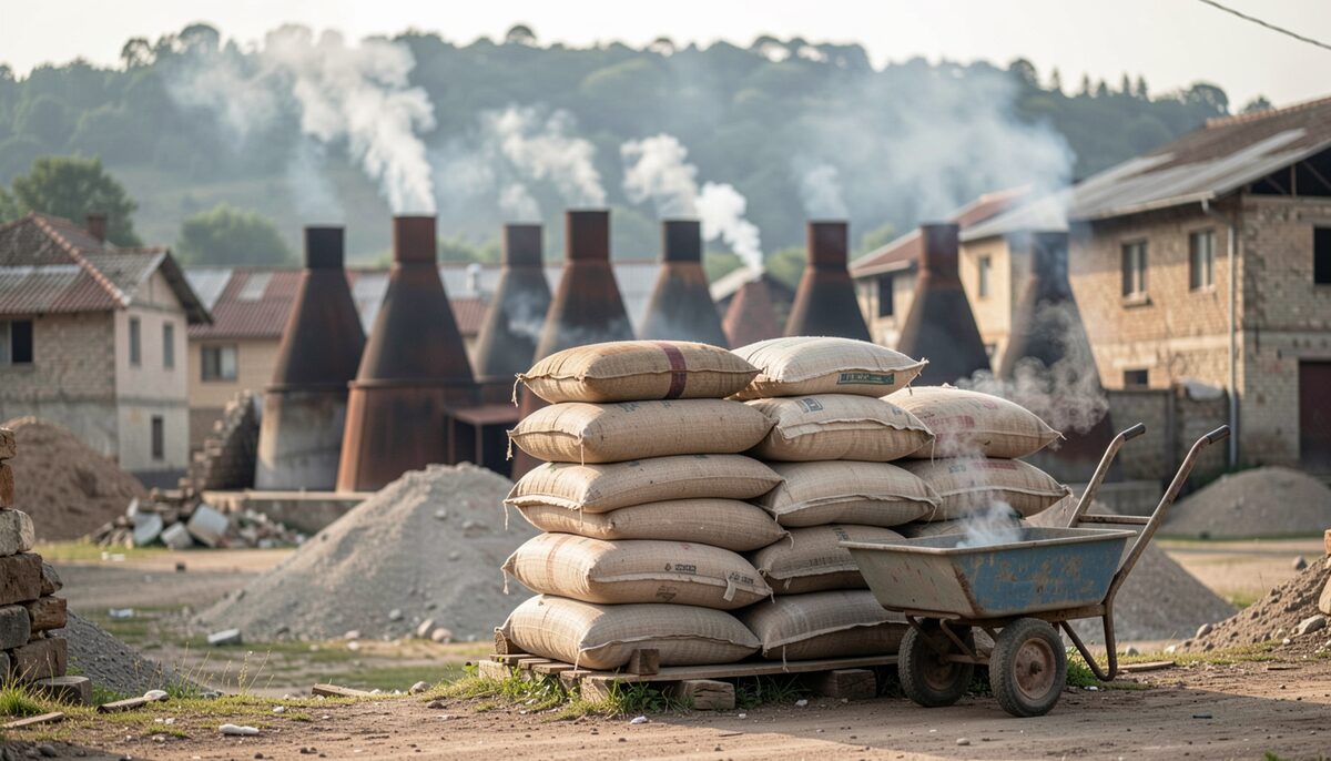 Two squat vertical shaft kilns with a clinker heap and a pelletizer tray at a small Indian cement works