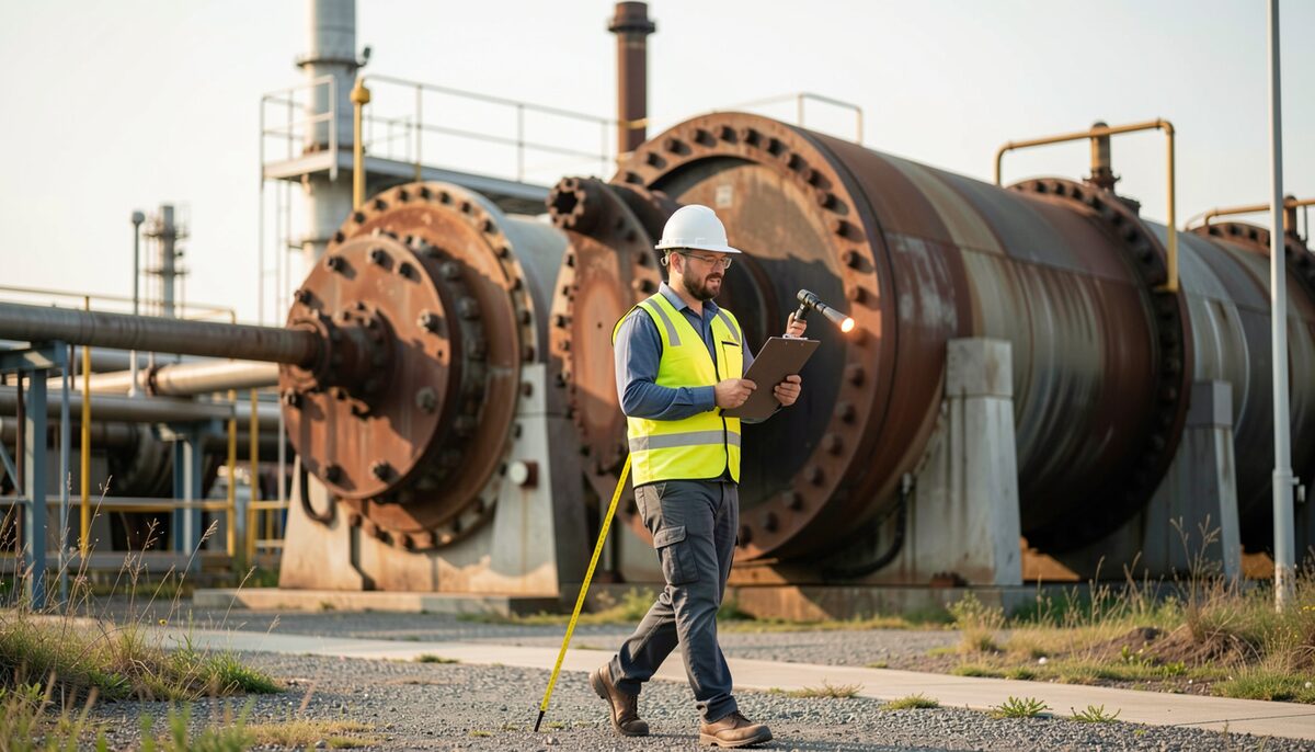Inspector in hard hat walking a cement plant gallery with clipboard, conveyor structures and kiln behind