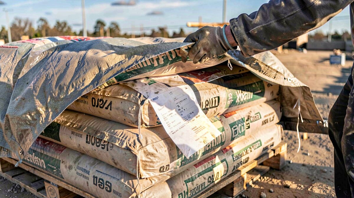 A pallet of cement bags under a tarpaulin on a Danish building site at midday, a folded delivery note tucked under the top bag, a concrete worker's gloved hand lifting the corner of the sheet, low sun from the left, medium shot.
