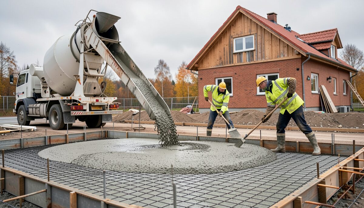 The pour and the finishing pass on the same slab: the two moments the site diary writes down for every bay of concrete.